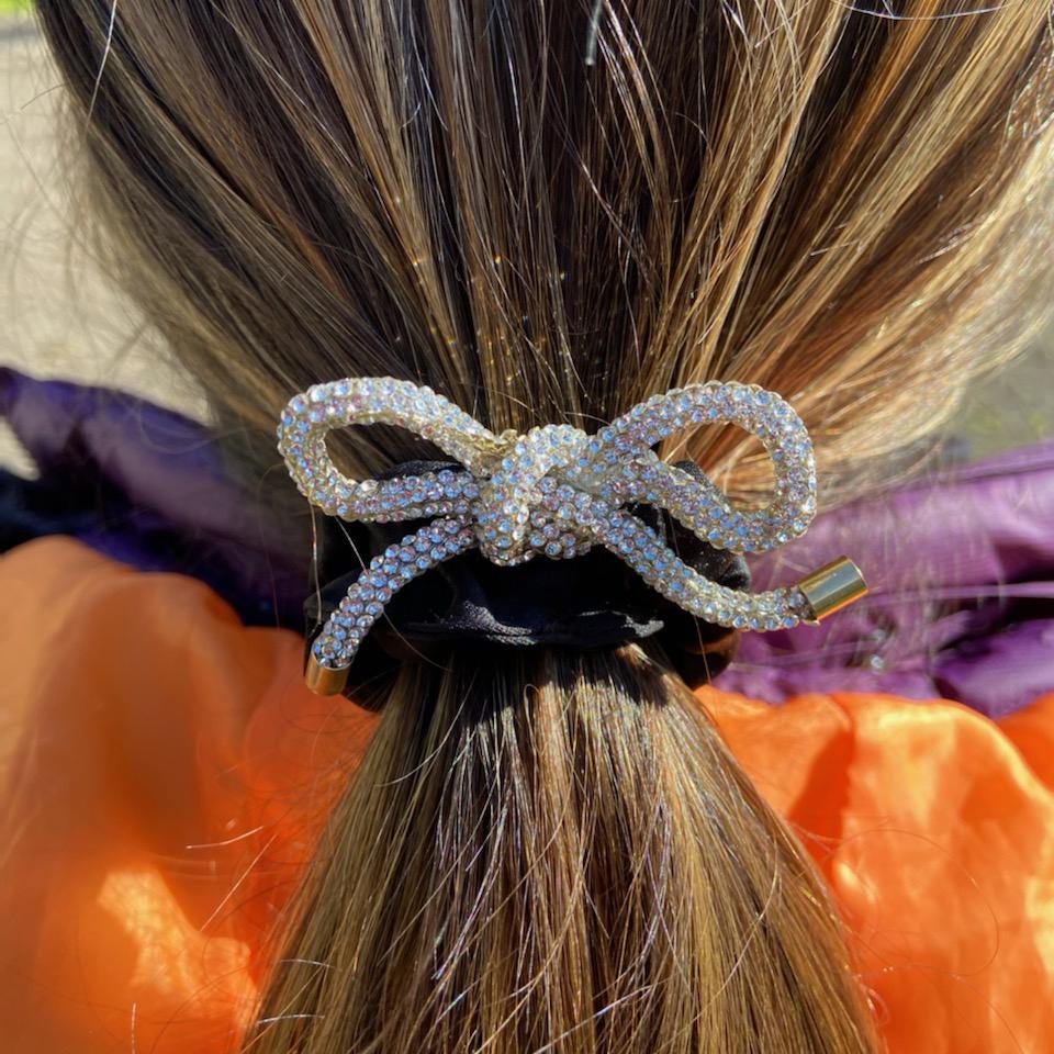 Black Satin Hair Scrunchie with Diamante Bow