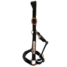 Load image into Gallery viewer, Black Leather Halter - Rose Gold Fittings with Engraved Horse Nameplate
