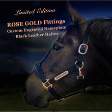 Load image into Gallery viewer, Black Leather Halter - Rose Gold Fittings with Engraved Horse Nameplate