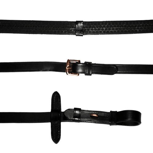 Leather & Rubber Grip Reins - Black (Rose Gold Fittings)