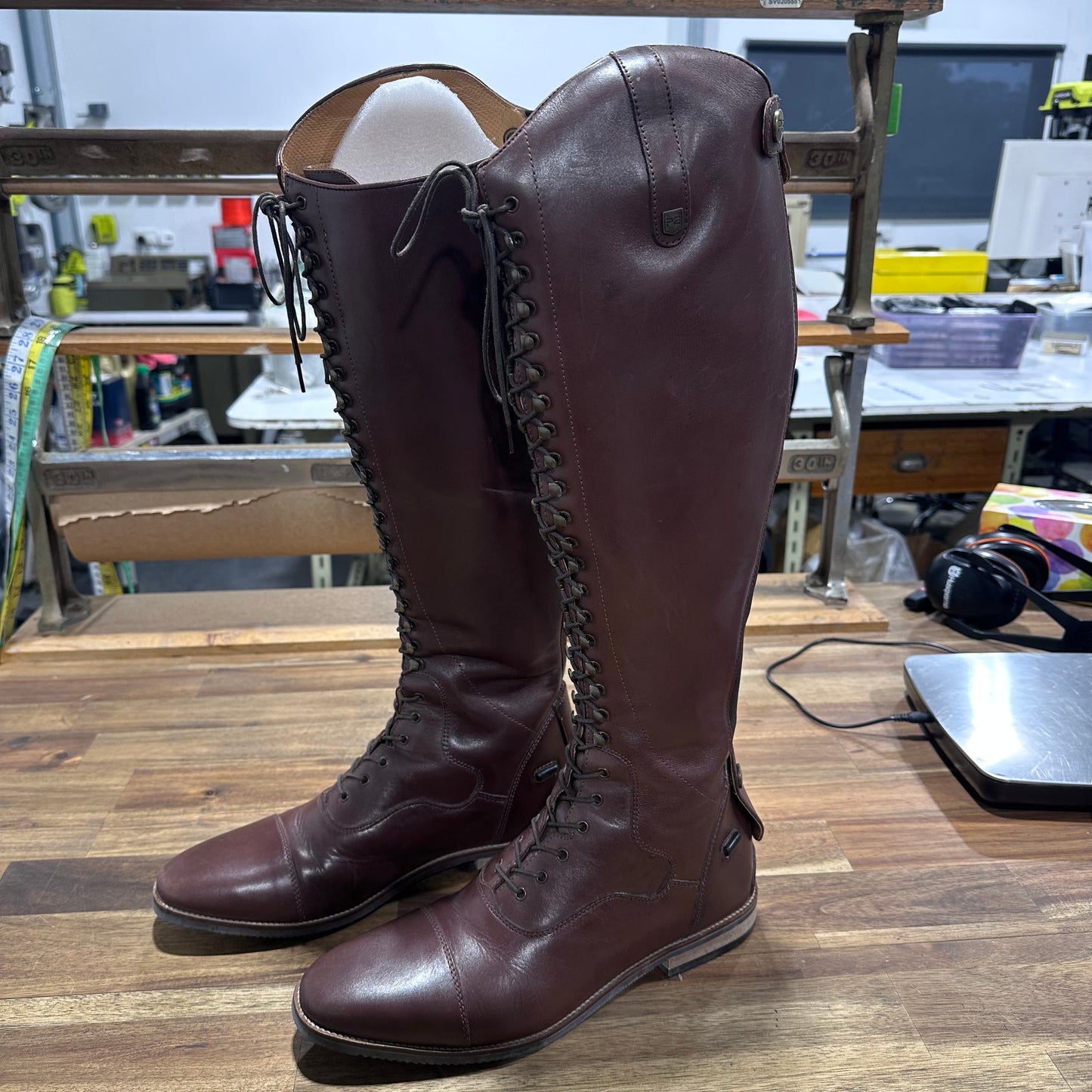 Maurizia Ladies Lace Front Tall Leather Riding Boots - Brown/Size UK8/Wide