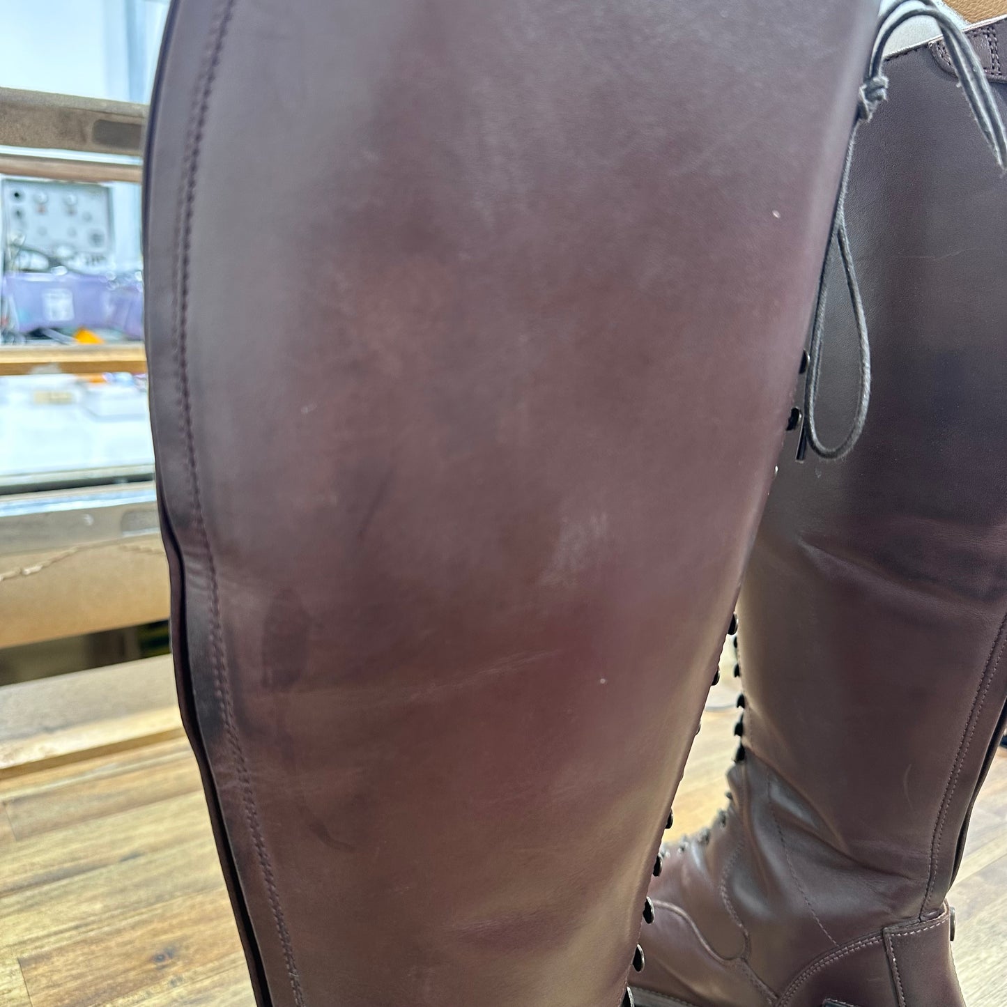 Maurizia Ladies Lace Front Tall Leather Riding Boots - Brown/Size UK8/Wide