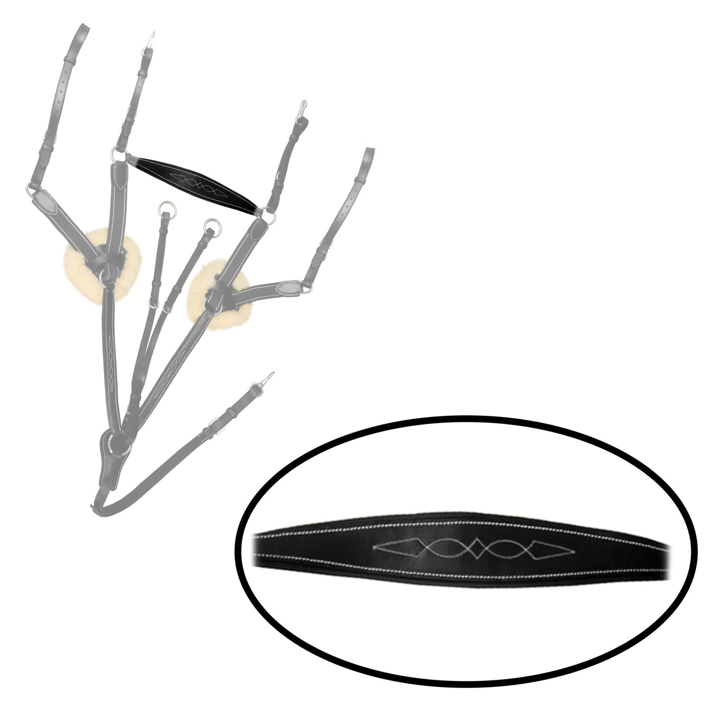 Fancy Stitch 5 Point Breastplate with sheepskin - Black/Grey/Maroon Elastic