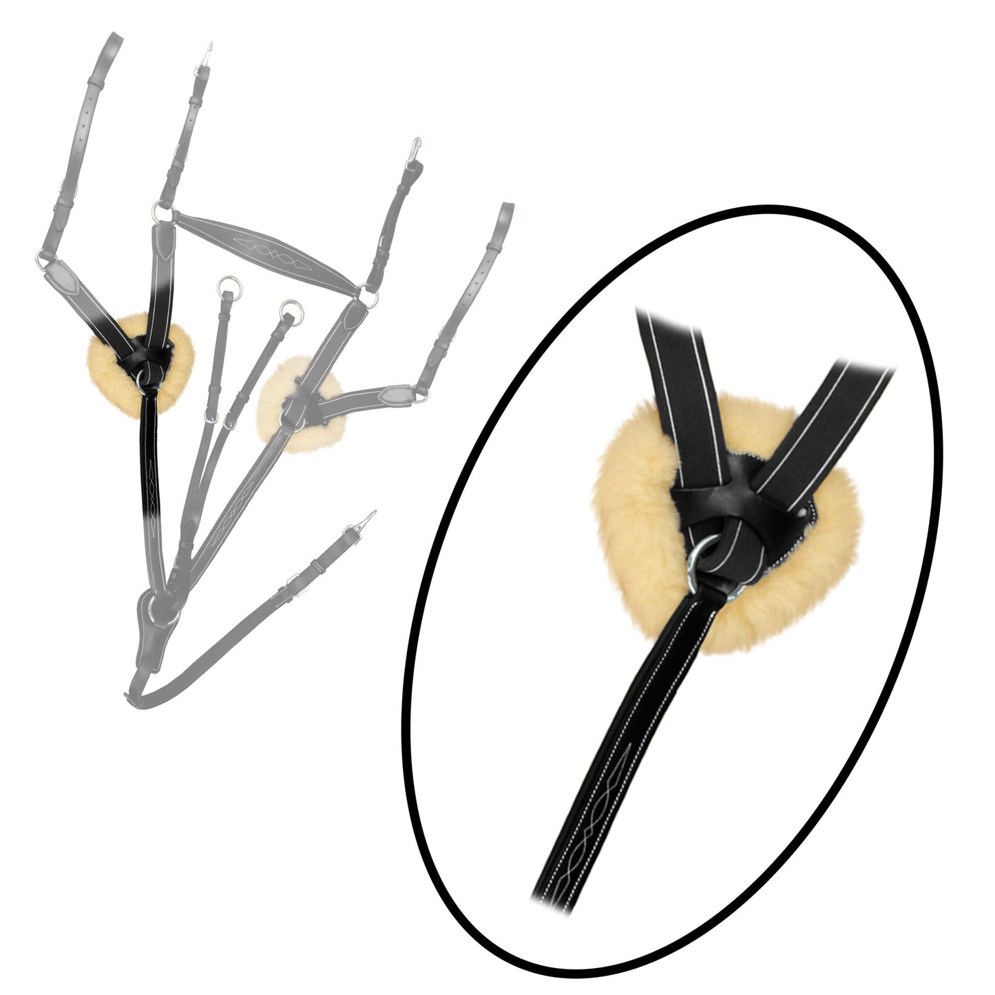 Fancy Stitch 5 Point Breastplate with sheepskin - Black/Grey/Maroon Elastic