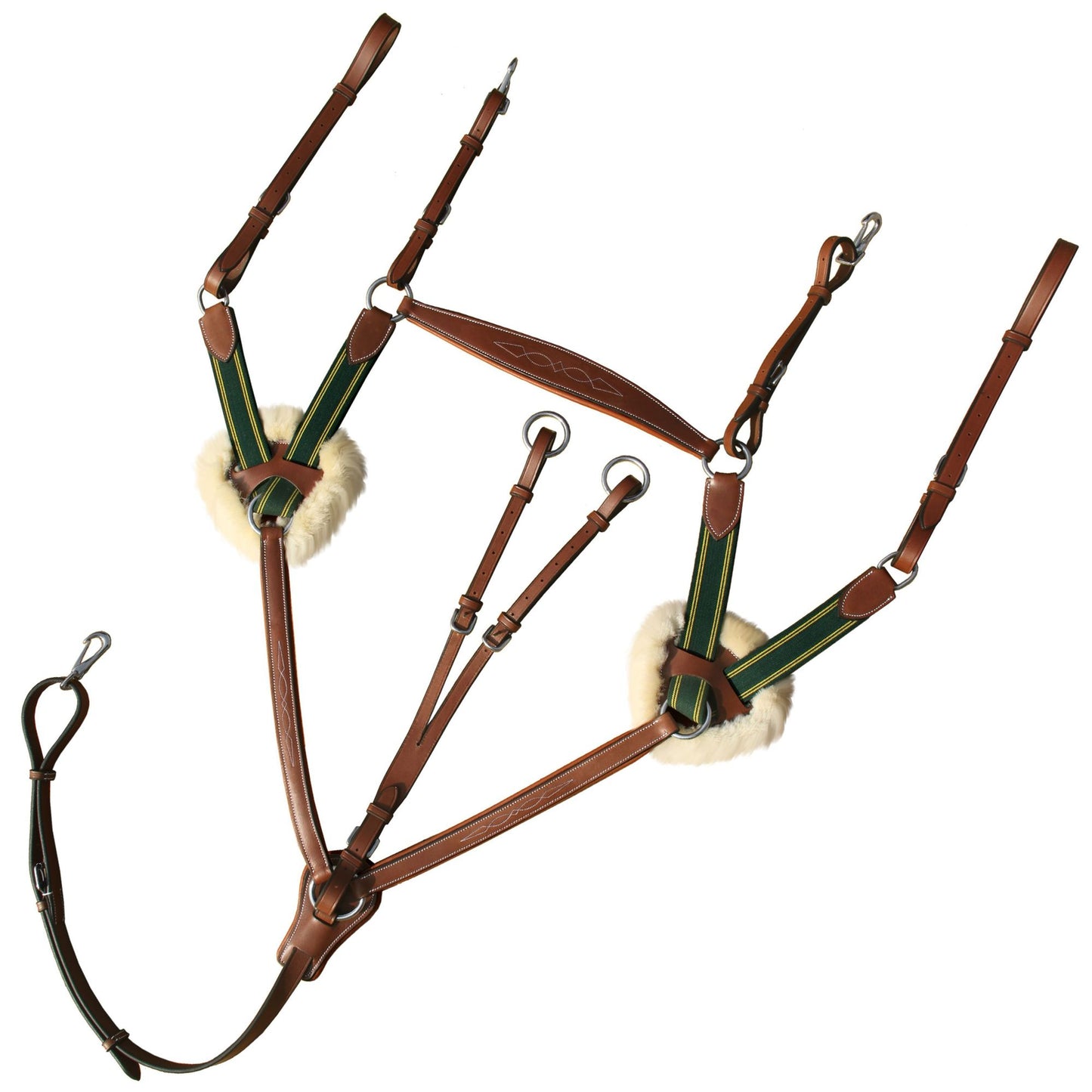 Fancy Stitch 5 Point Breastplate with sheepskin - Green/Yellow Elastic