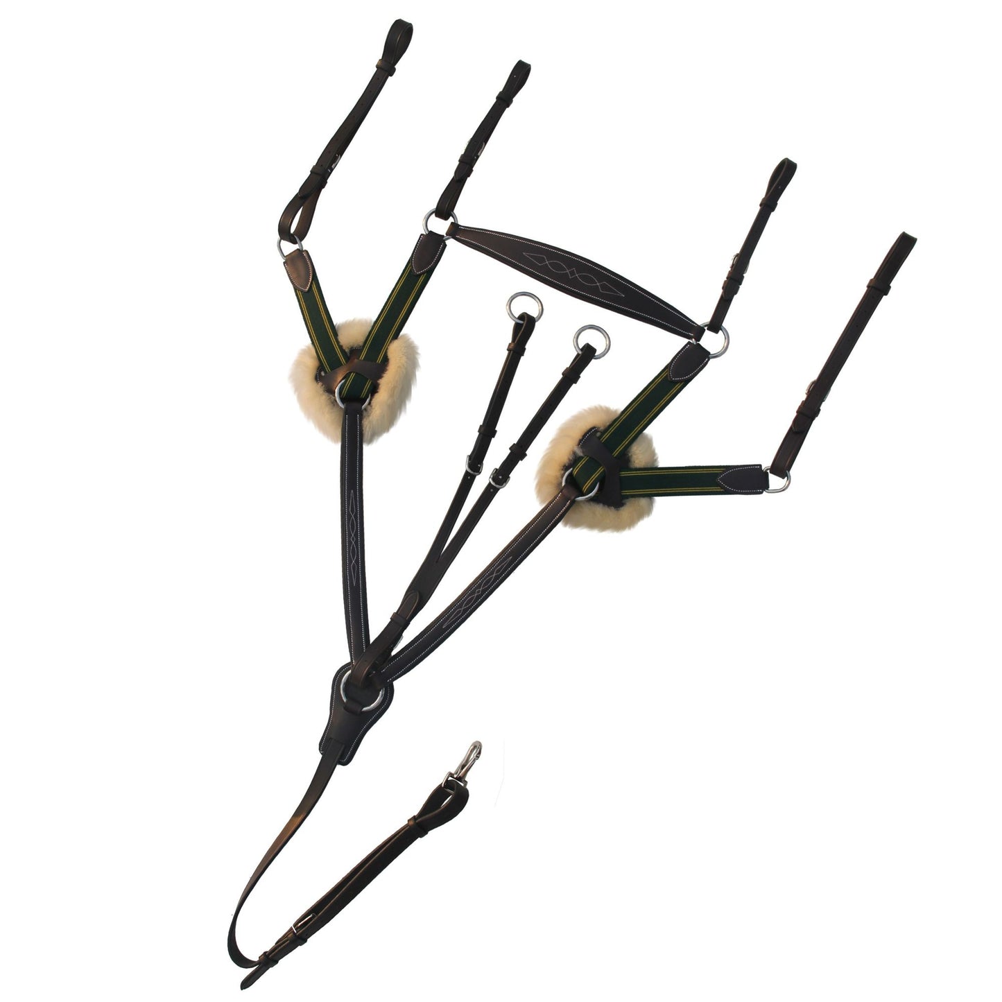 Fancy Stitch 5 Point Breastplate with sheepskin - Green/Yellow Elastic