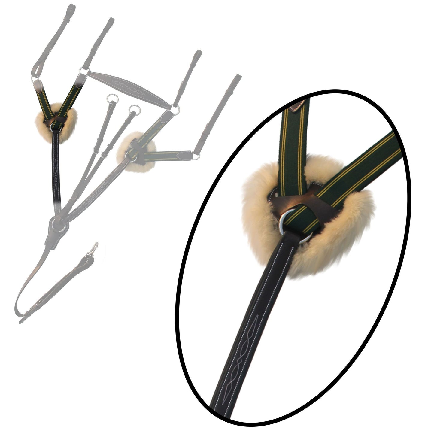 Fancy Stitch 5 Point Breastplate with sheepskin - Green/Yellow Elastic