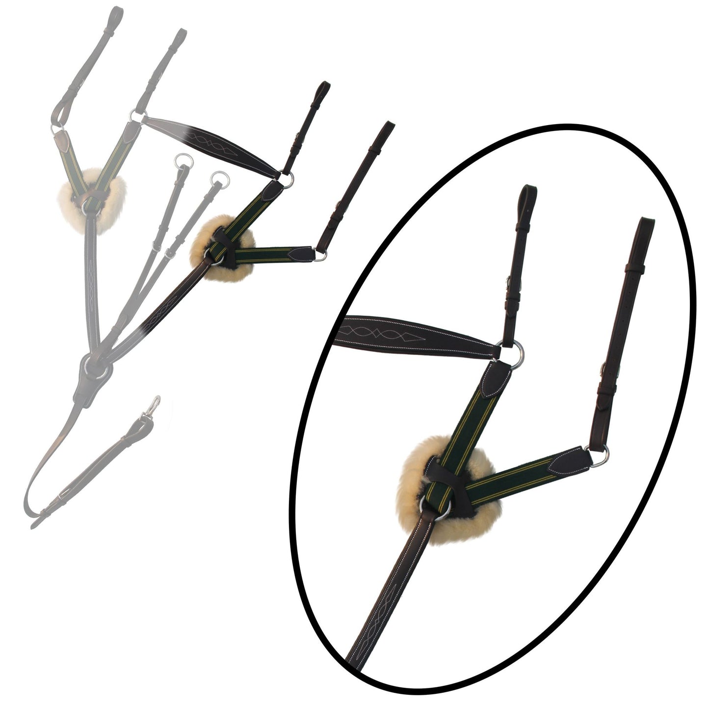 Fancy Stitch 5 Point Breastplate with sheepskin - Green/Yellow Elastic