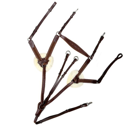 Fancy Stitch 5 Point Breastplate with sheepskin - Brown/Grey/Maroon Elastic