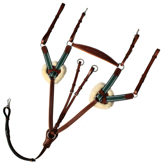 Fancy Stitch 5 Point Breastplate with sheepskin - Green/White Elastic