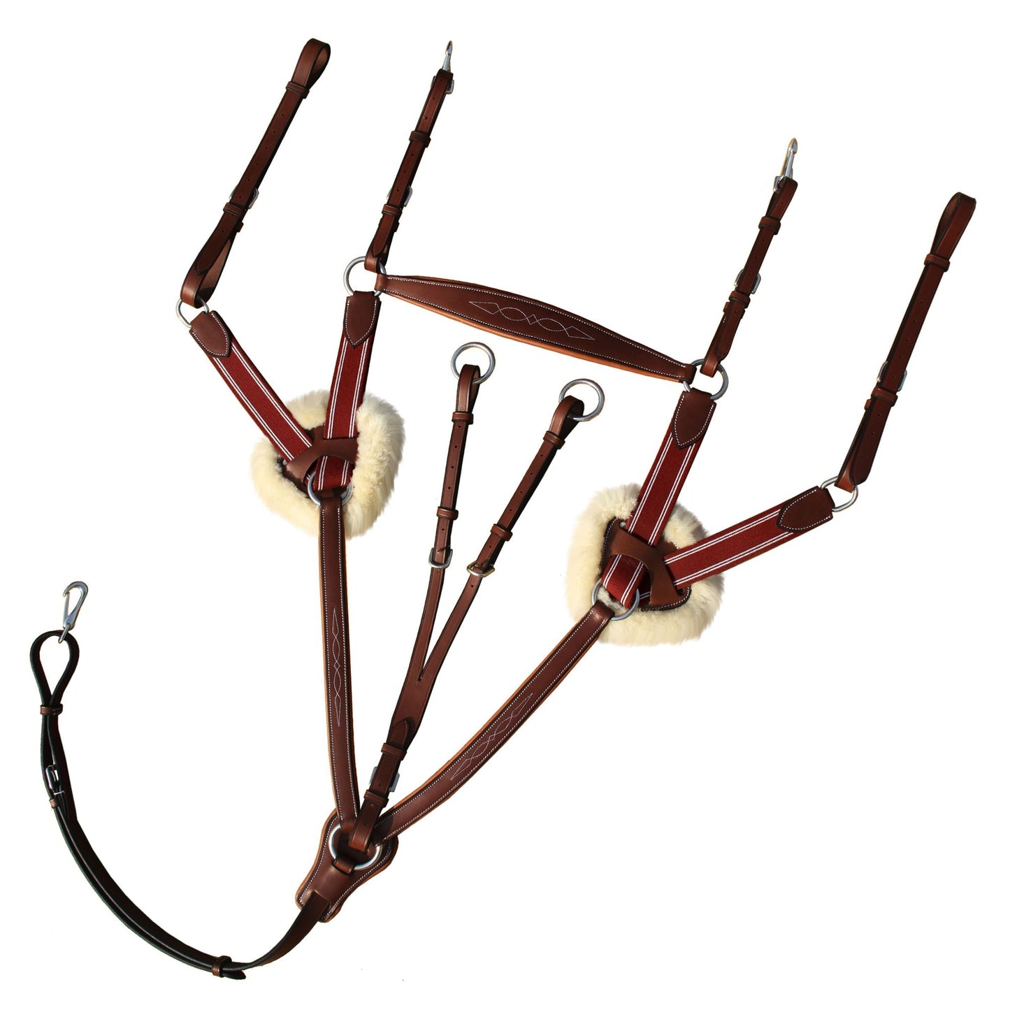 Fancy Stitch 5 Point Breastplate with sheepskin - Burgundy/White Elastic