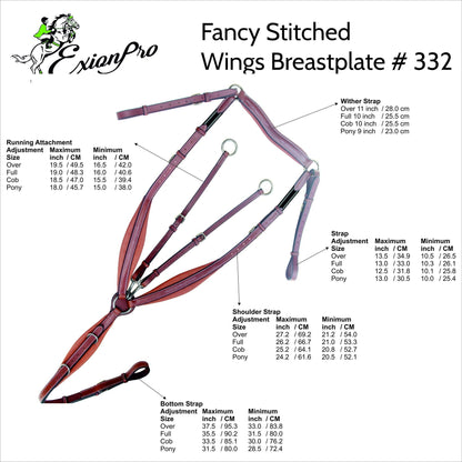 Fancy Stitch 3 Point Wing Breastplate - Black/Stainless steel - Cob Size