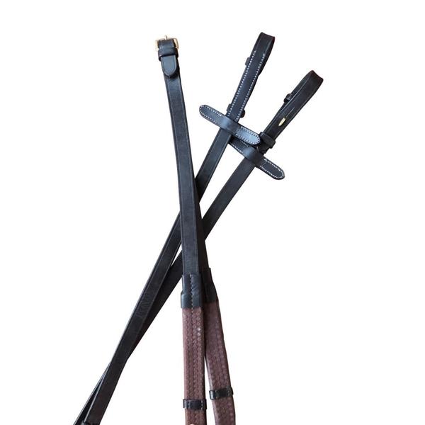 Leather & Rubber Grip Reins (Flat) - Black & Brown (Brass Fittings)