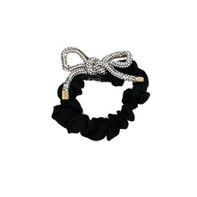 Load image into Gallery viewer, Black Satin Hair Scrunchie with Diamante Bow