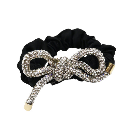 Black Satin Hair Scrunchie with Diamante Bow