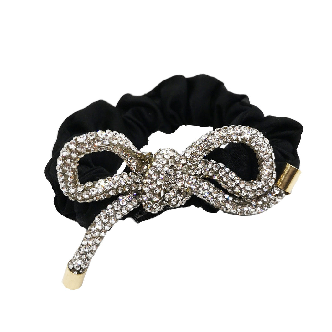 Black Satin Hair Scrunchie with Diamante Bow